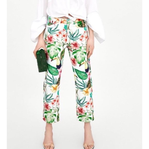 Zara Denim - Zara Tropical Tucan Paradise High Waist Crop Jeans